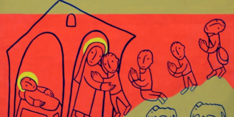 Détail d'un dessin de fr. Pierre-Yves de l'Abbaye de la Pierre-qui-Vire qui montre la crèche où est couché Jésus