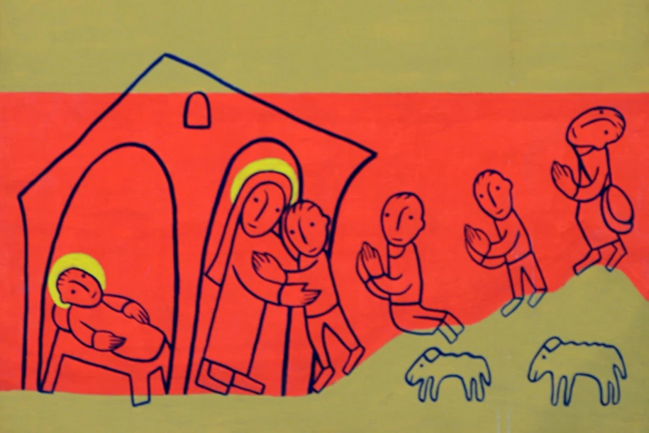 Détail d'un dessin de fr. Pierre-Yves de l'Abbaye de la Pierre-qui-Vire qui montre la crèche où est couché Jésus