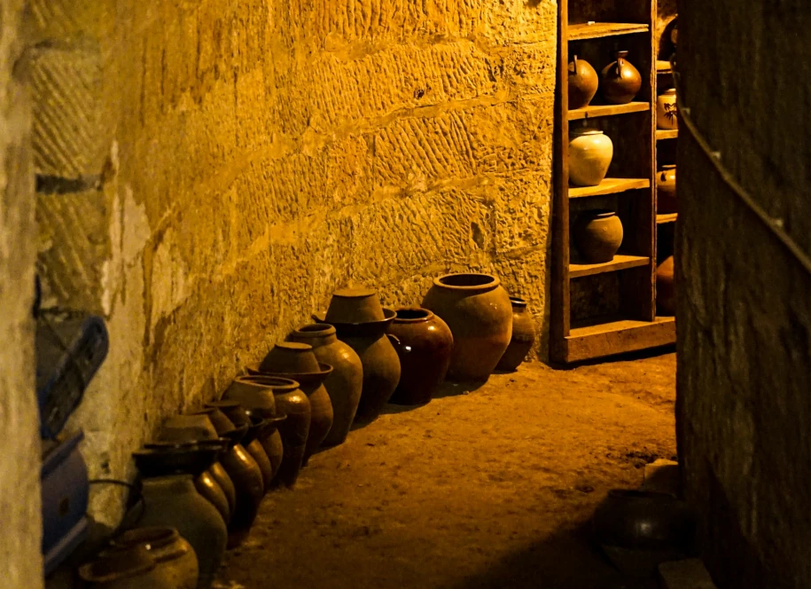 Des jarres de vin dans une cave