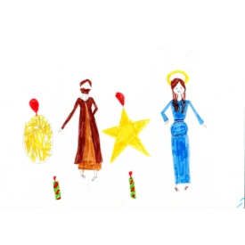 Dessin avec Joseph, Marie enceinte, une étole et unberceau vide