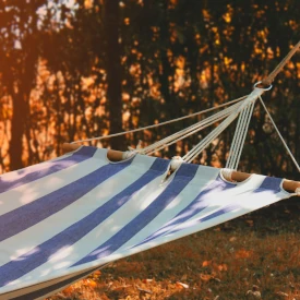 Un transat entre deux arbre avec à l'arrière plan du soleil